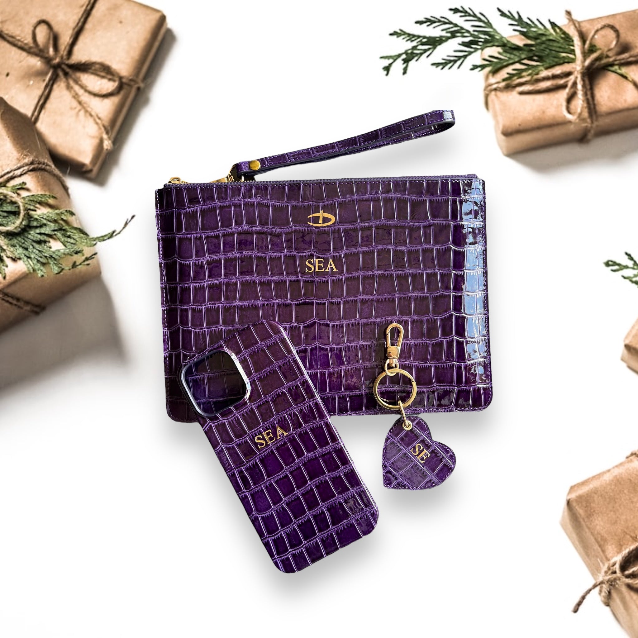 Rugan Mor Croco clutch anahtarlık ve kılıf seti