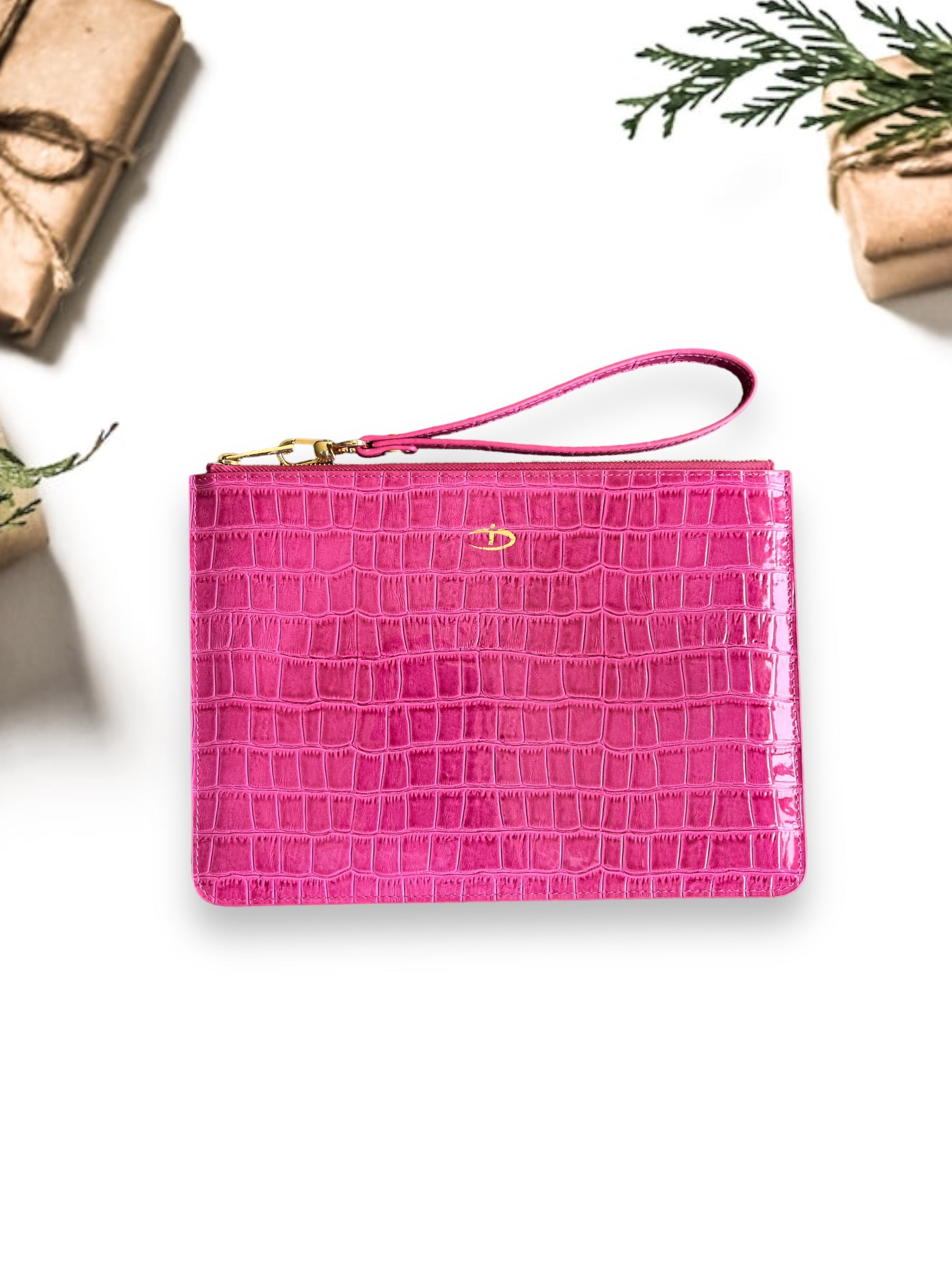 Deri Clutch Çanta - Rugan Fuşya Croco