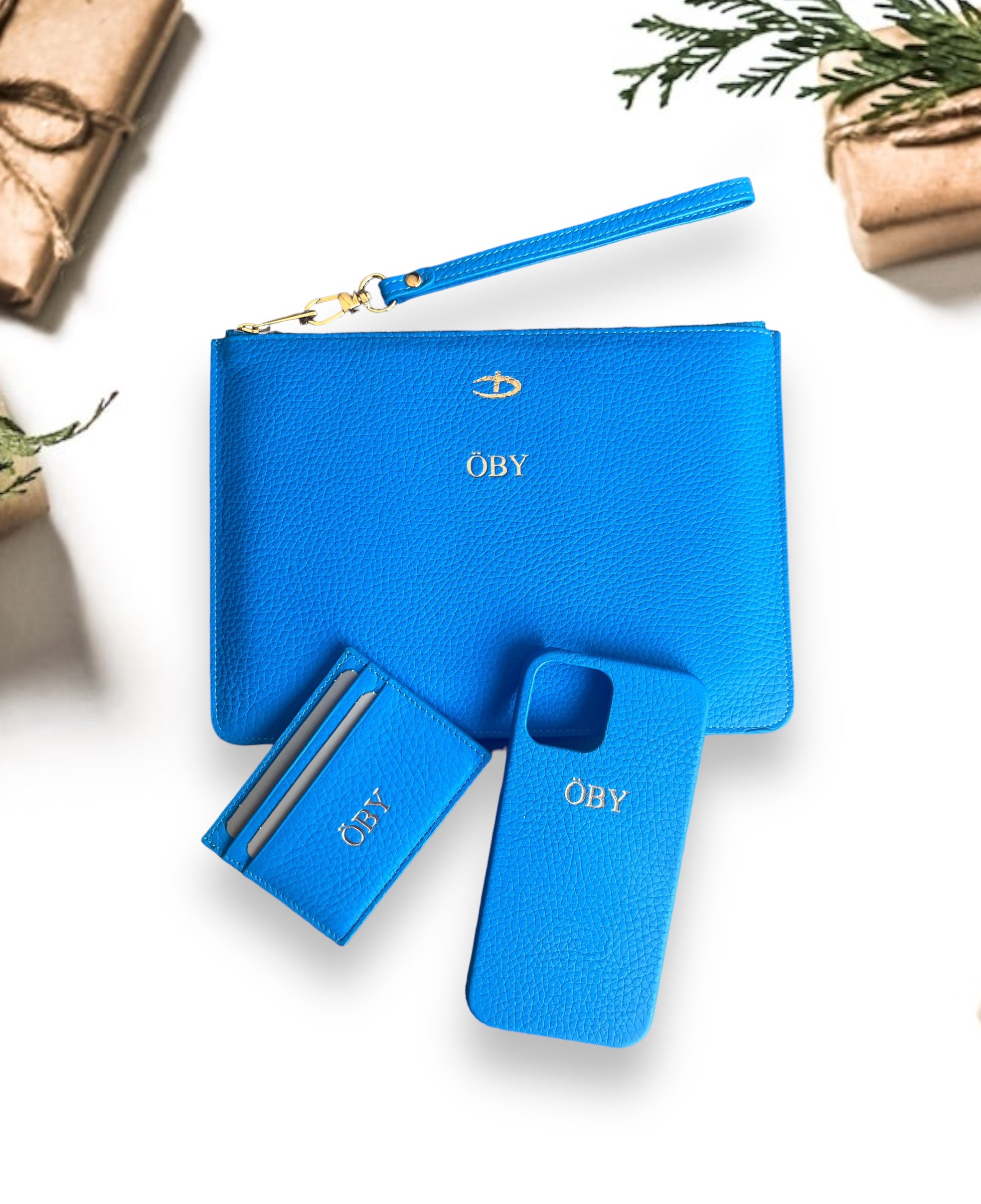Saks Mavi Deri Clutch Telefon Kılıfı ve Kartlık Seti