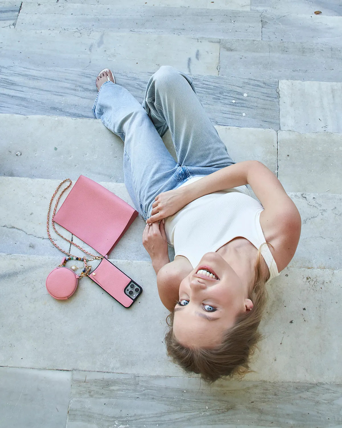 Pudra Pembe Dokulu Deri Clutch Çanta