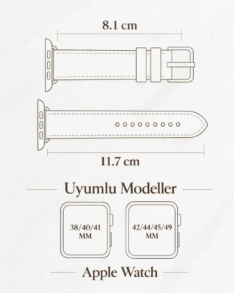 Apple Watch deri kordon ölçüleri: 8,1 cm ve 11,7 cm, 38/40/41 mm ve 42/44/45/49 mm kasalarla uyumlu