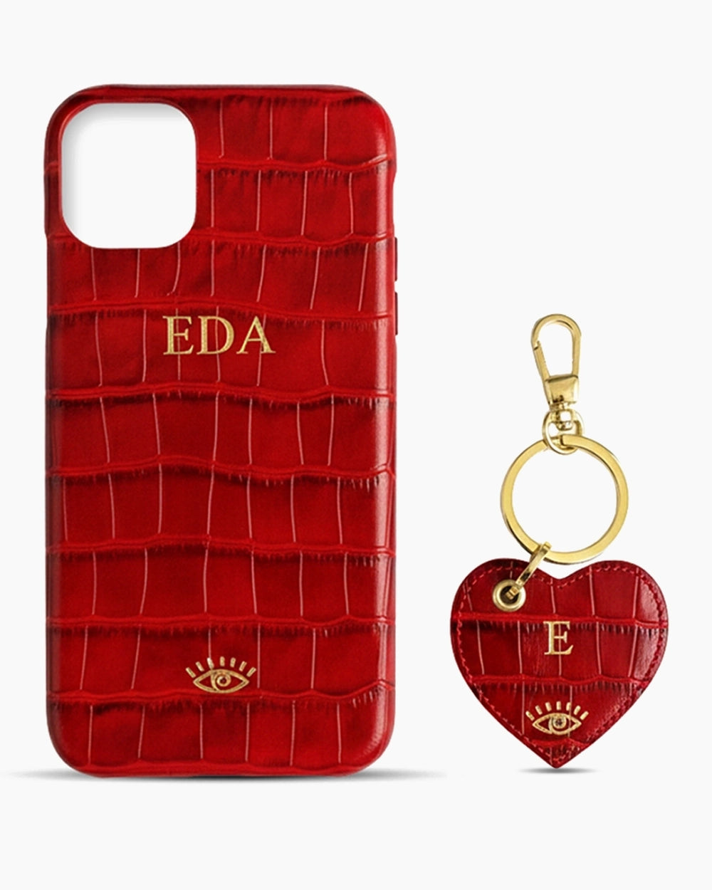 iPhone Kılıfı ve Kalpli Anahtarlık Seti | Kırmızı Croco Deri