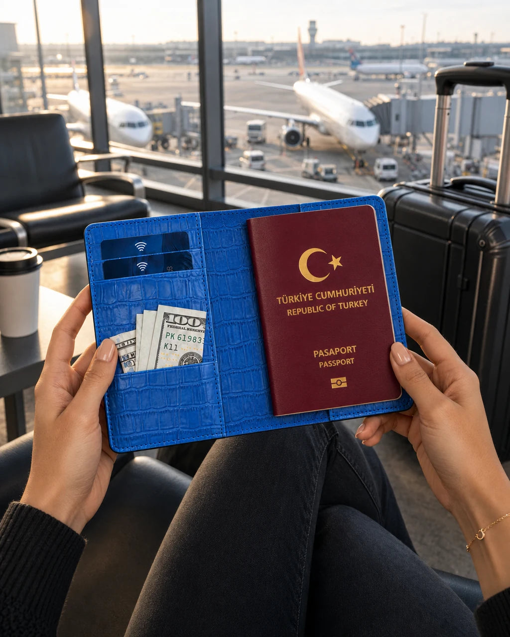 Emerald Mavi Mat Croco deri pasaport kılıfı - görsel 3