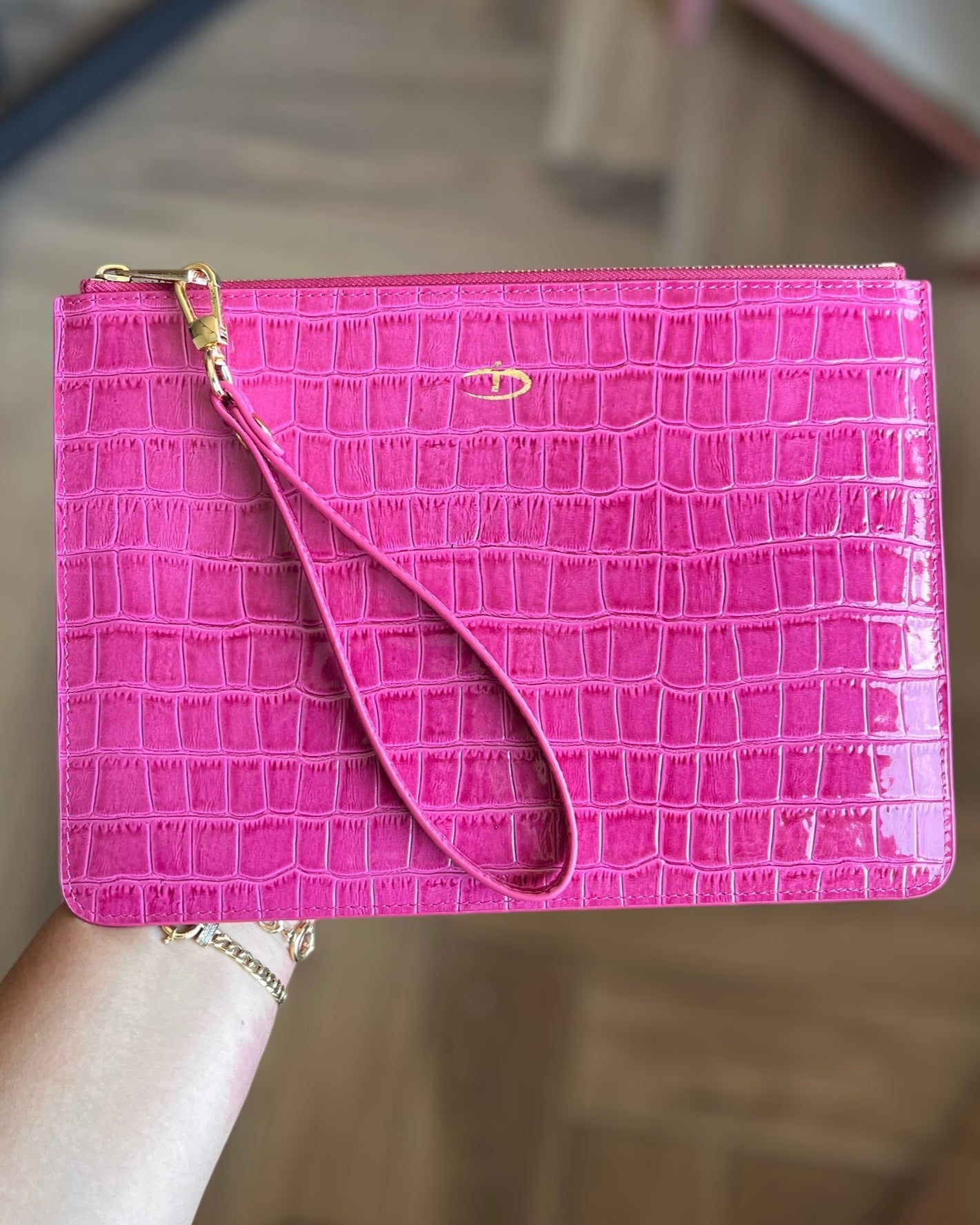 Deri Clutch Çanta - Rugan Fuşya Croco
