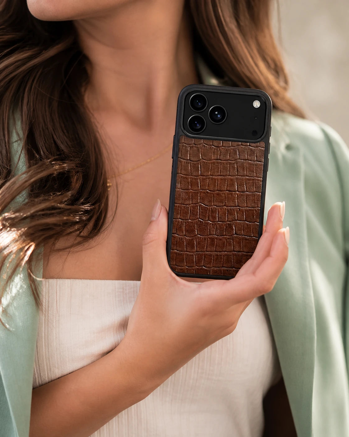 Deri iPhone Kılıfı | Kahve Mat Croco | Havuz