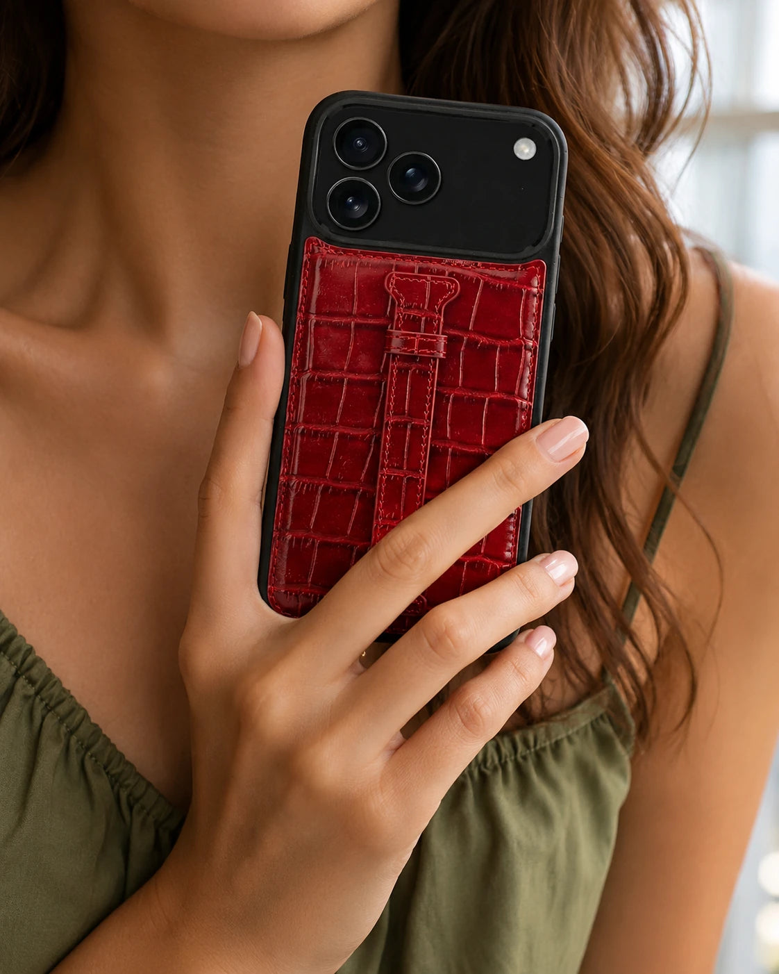 Kemerli iPhone Kılıfı | Kırmızı Rugan Croco
