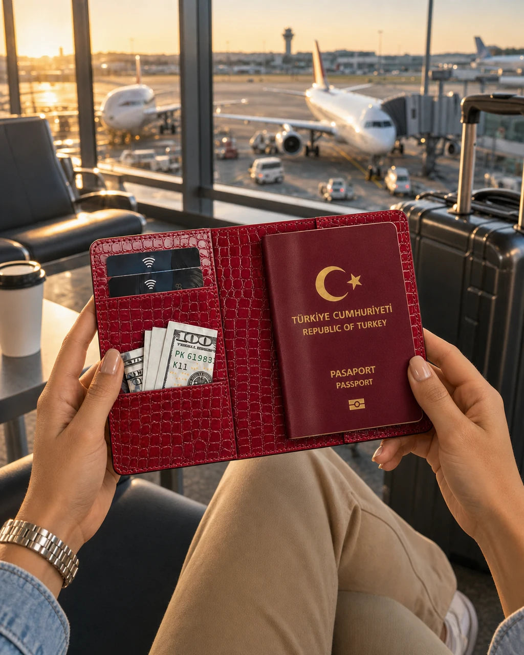 Kırmızı Rugan Küçük Croco deri pasaport kılıfı - görsel 3