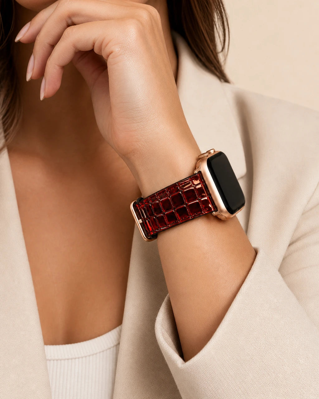 Apple Watch Deri Kordon | Kırmızı-Siyah Küçük Croco