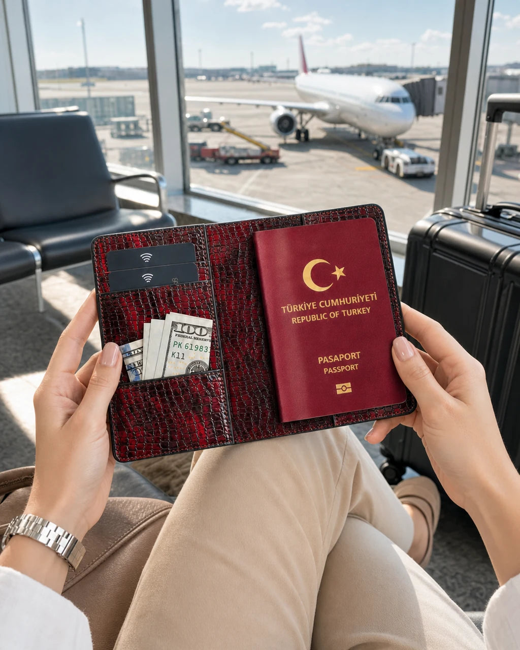 Kırmızı Siyah Küçük Croco deri pasaport kılıfı - görsel 3