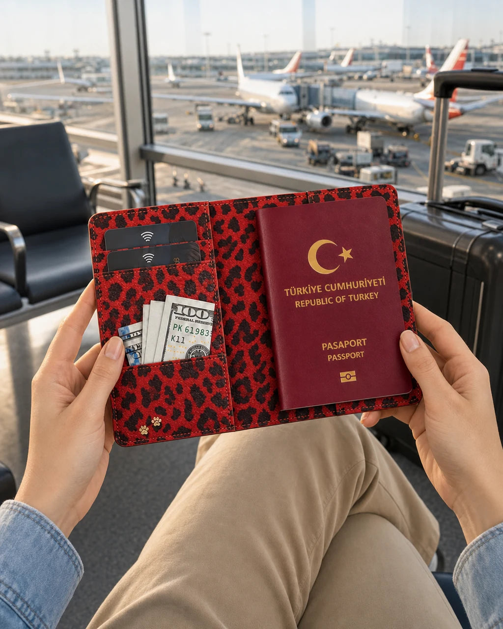 Kırmızı Süet Leopar deri pasaport kılıfı - görsel 3