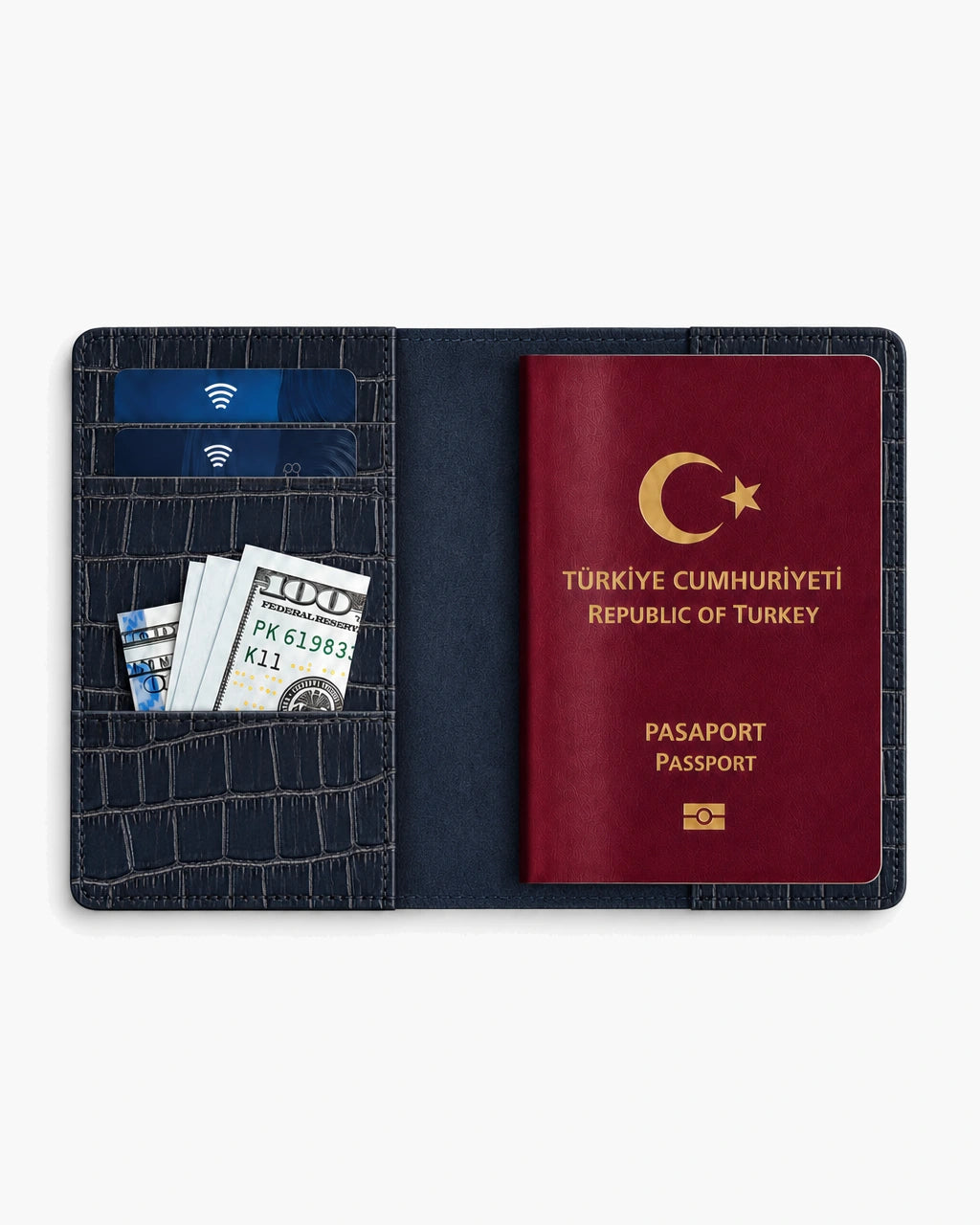 Koyu Lacivert Mat Croco deri pasaport kılıfı - görsel 4