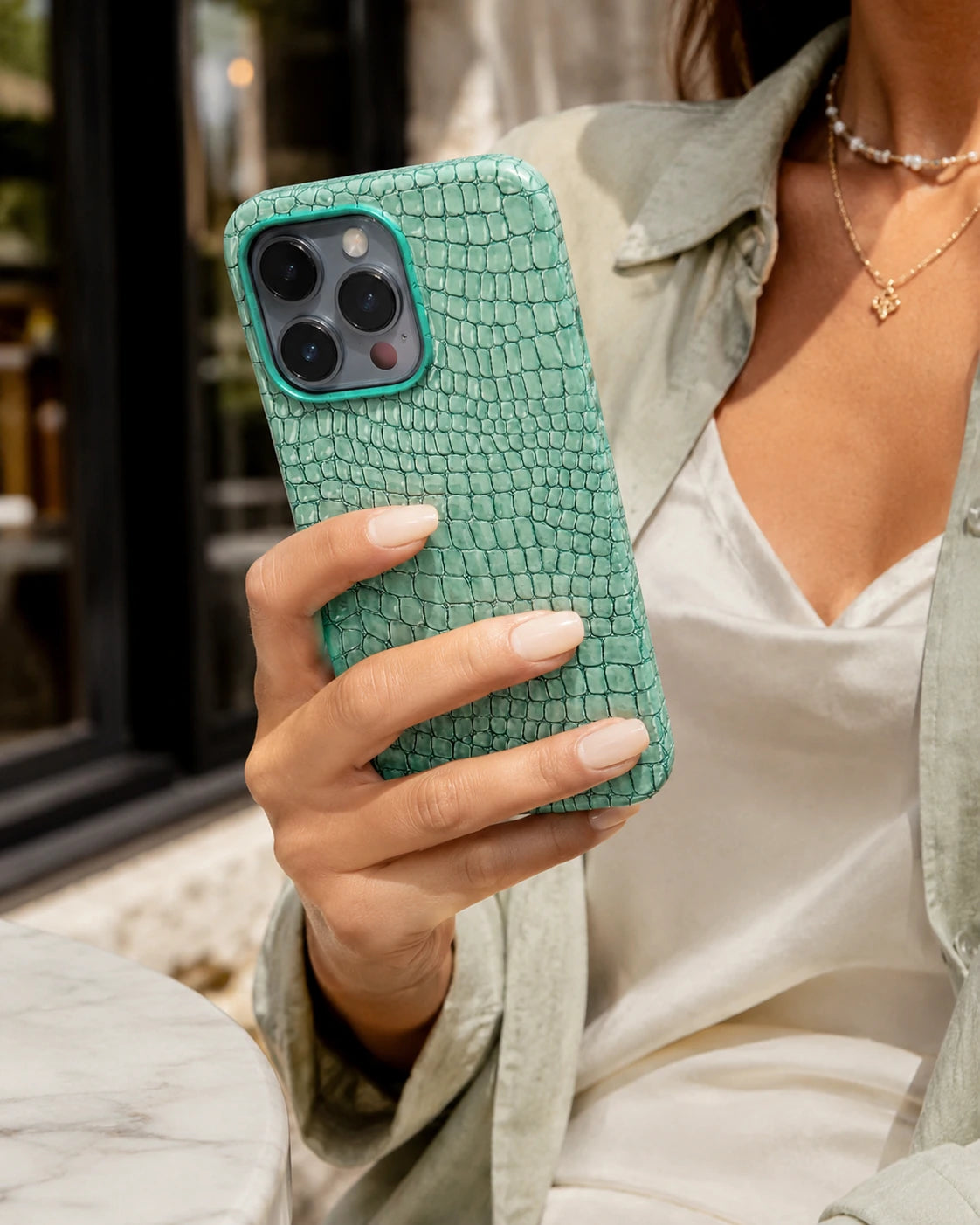 Su Yeşili Küçük Croco Deri iPhone Kılıfı