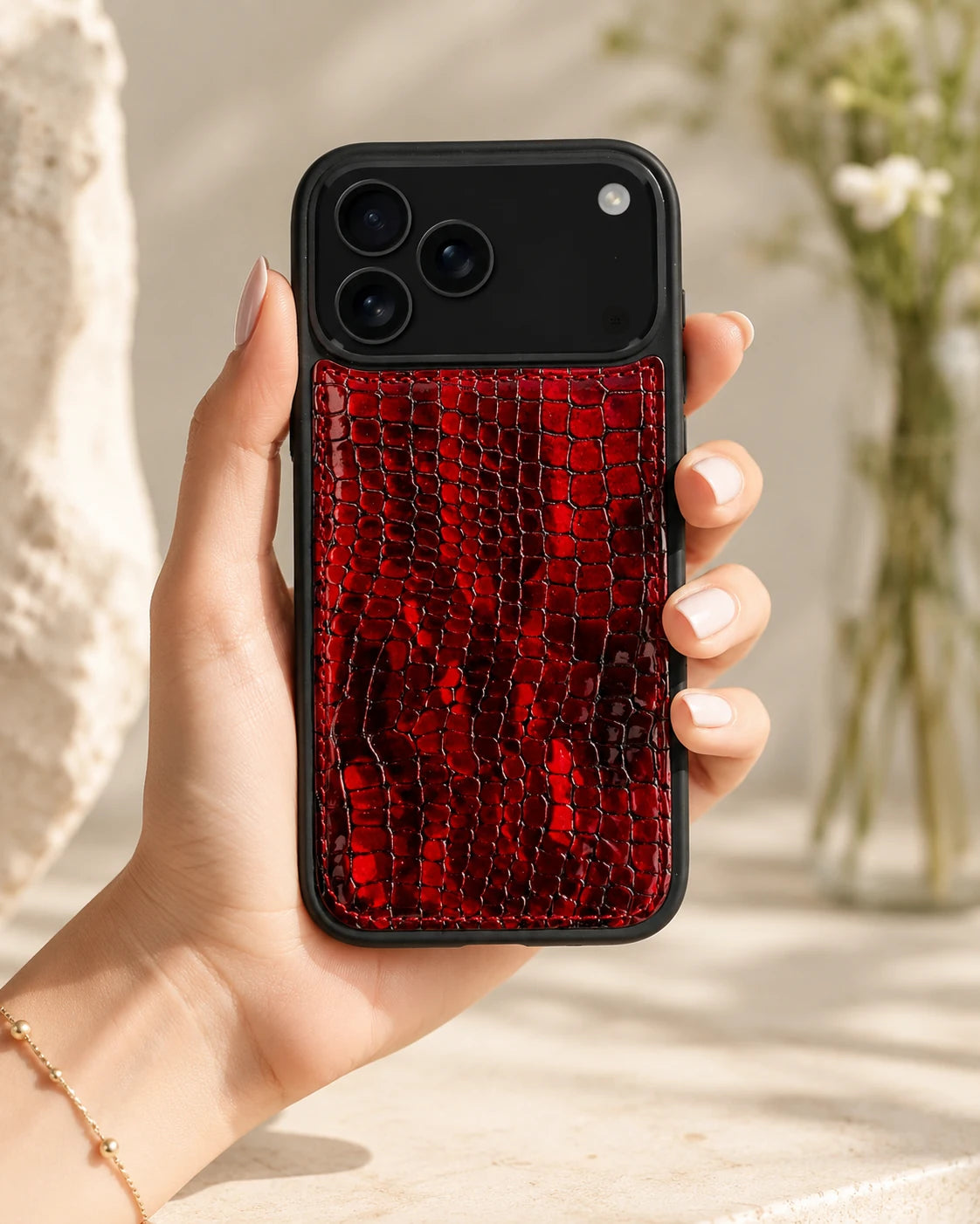 Premium iPhone Kılıfı | Kırmızı Siyah Küçük Croco