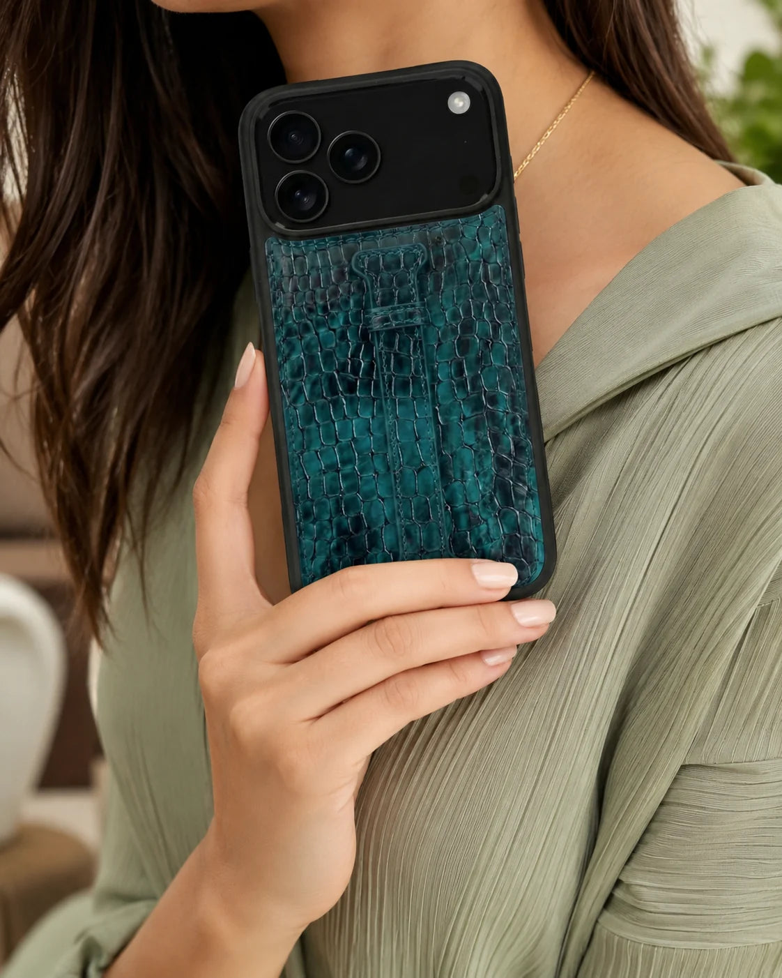 Kemerli iPhone Kılıfı | Yeşil Siyah Küçük Croco