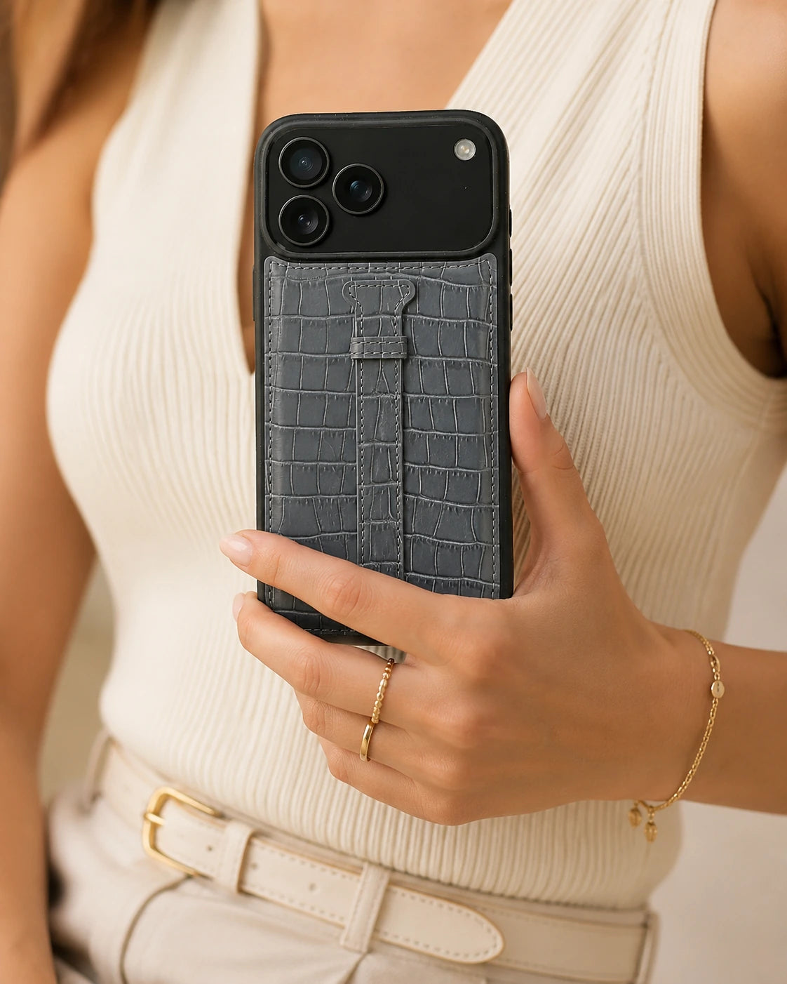Kemerli iPhone Kılıfı | Gri Mat Croco