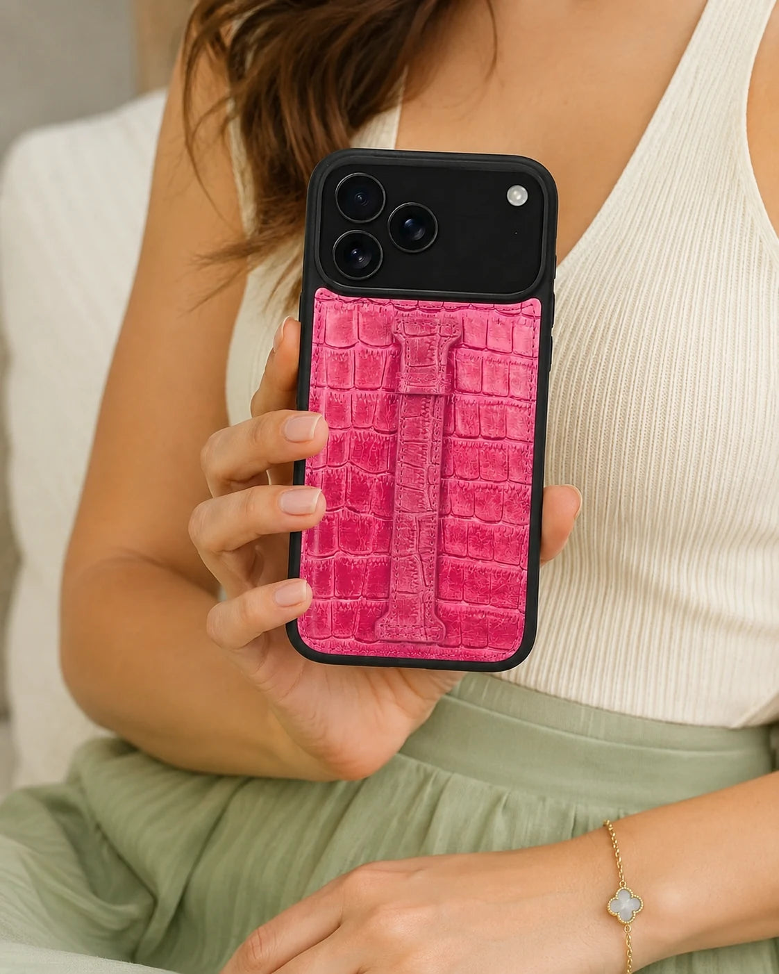 Kemerli iPhone Kılıfı | Pembe Mat Croco