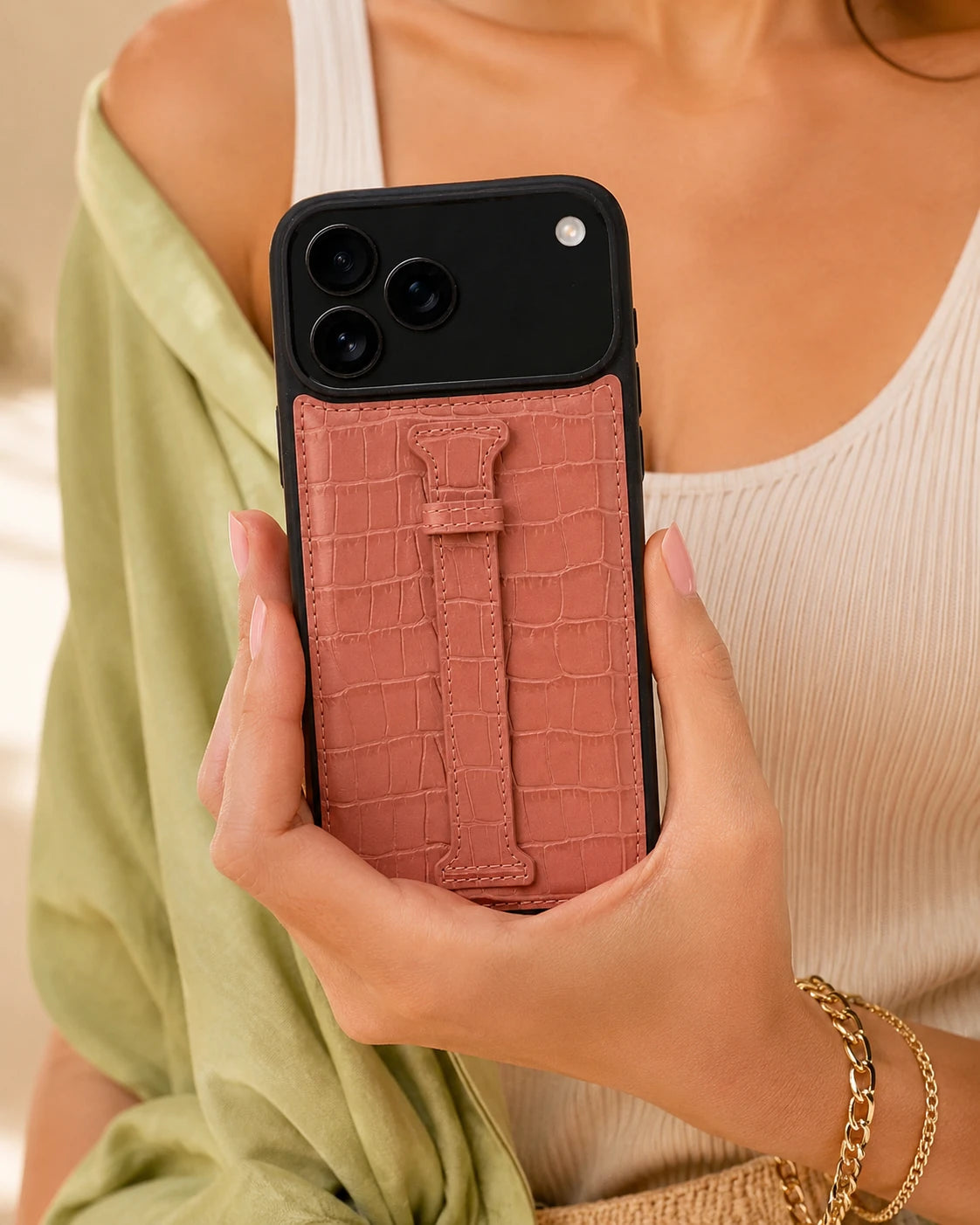 Kemerli iPhone Kılıfı | Somon Mat Croco