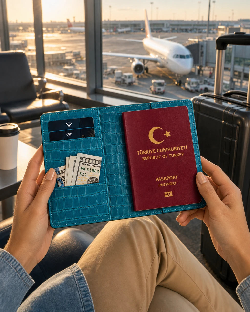 Mavi Yeşil Mat Croco deri pasaport kılıfı - görsel 3