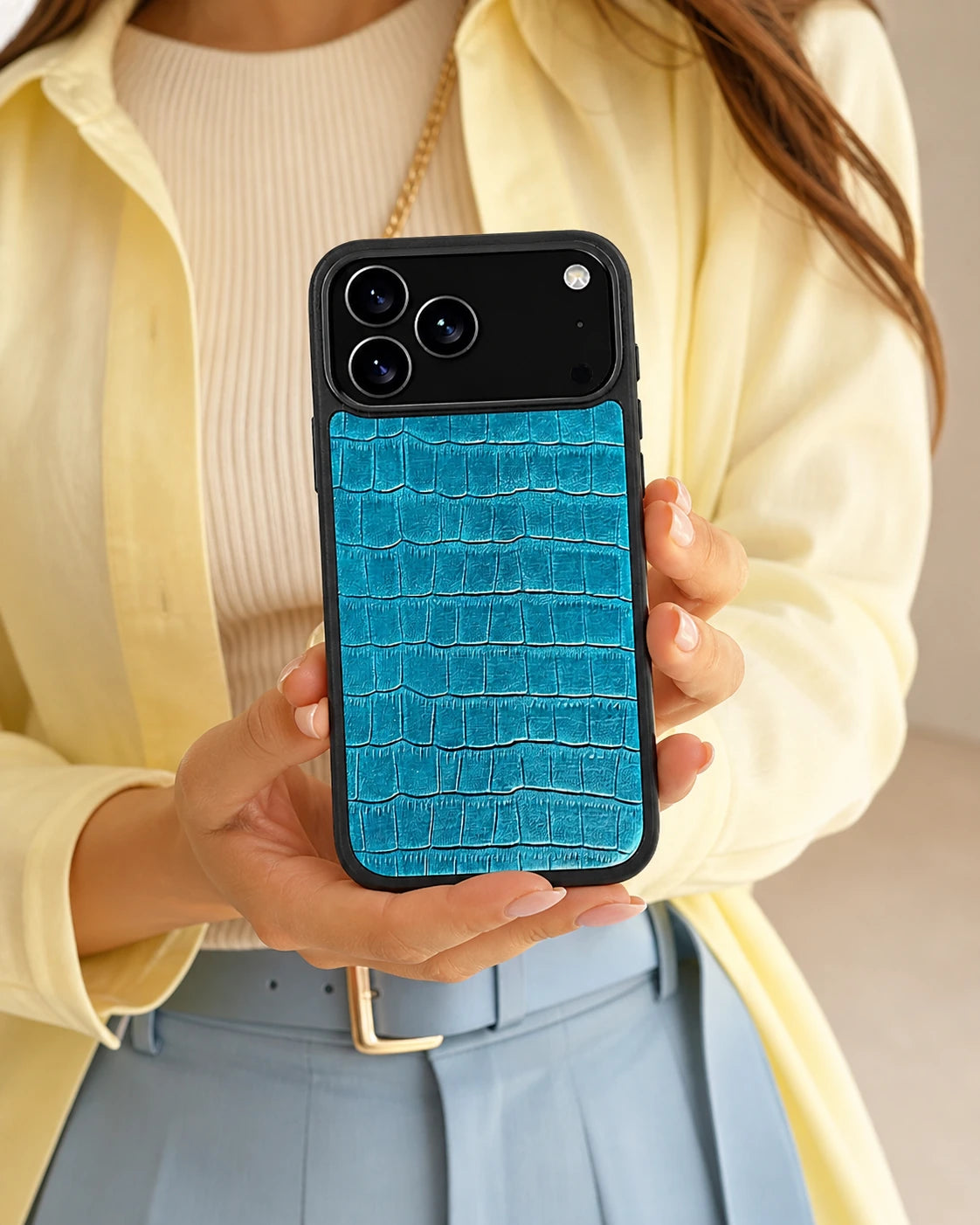 Deri iPhone Kılıfı | Mavi Yeşil Mat Croco | Havuz