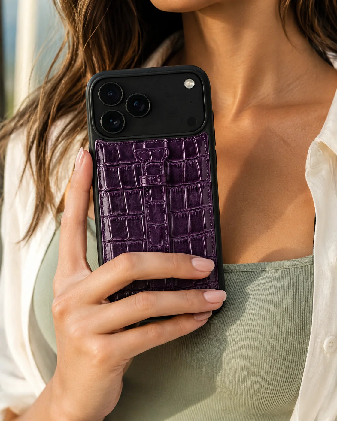 Kemerli iPhone Kılıfı | Mor Rugan Croco