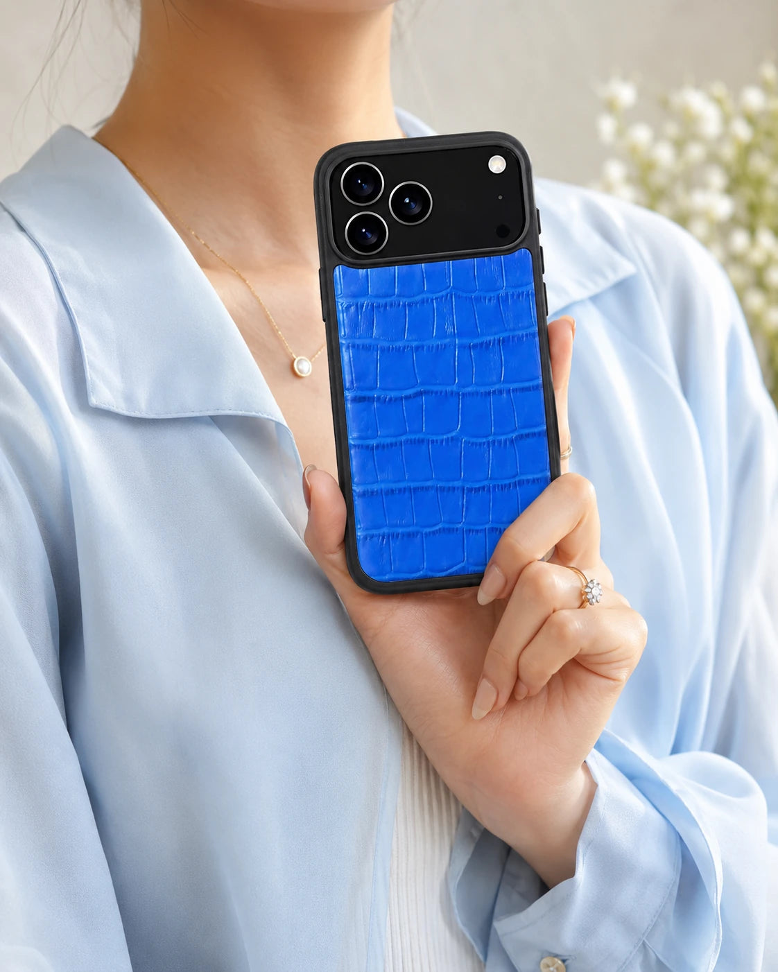 Deri iPhone Kılıfı | Saks Mavi Mat Croco | Havuz
