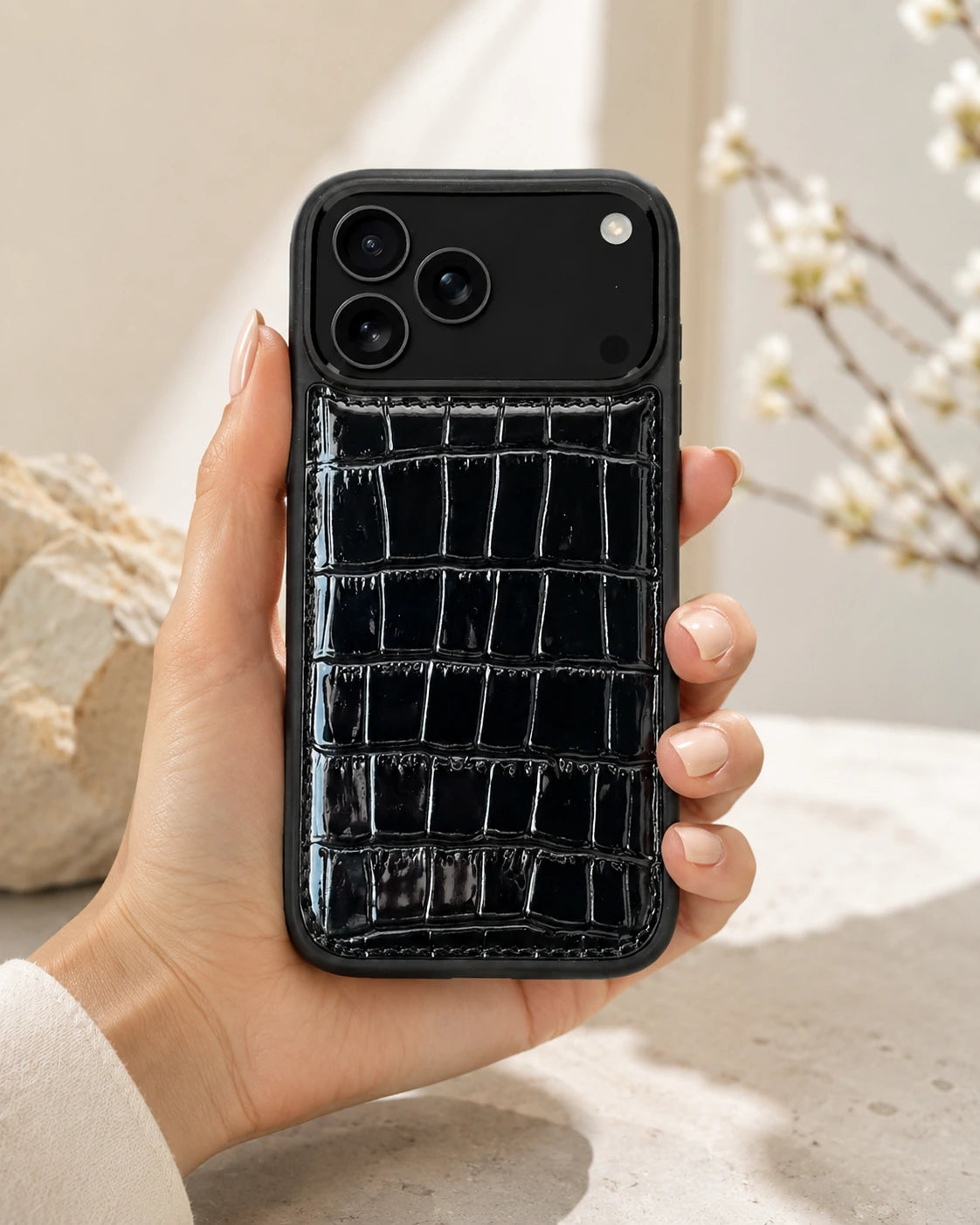 Premium iPhone Kılıfı | Siyah Rugan Croco