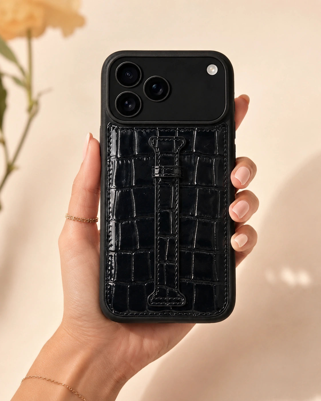 Kemerli iPhone Kılıfı | Siyah Rugan Croco