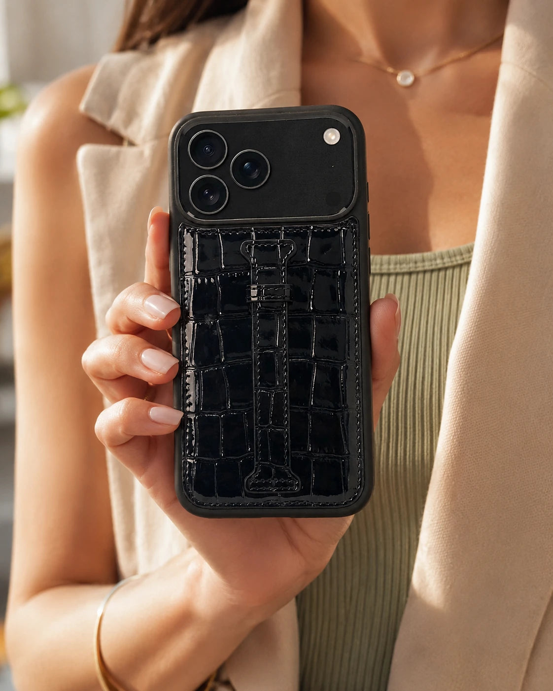 Kemerli iPhone Kılıfı | Siyah Rugan Croco