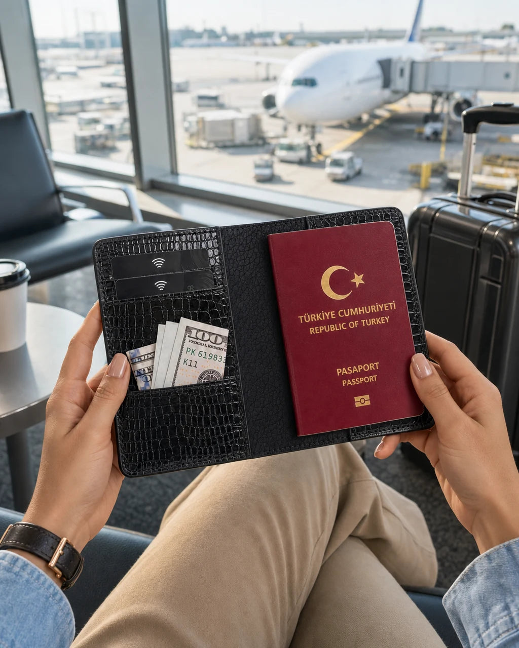 Siyah Rugan Küçük Croco deri pasaport kılıfı - görsel 3