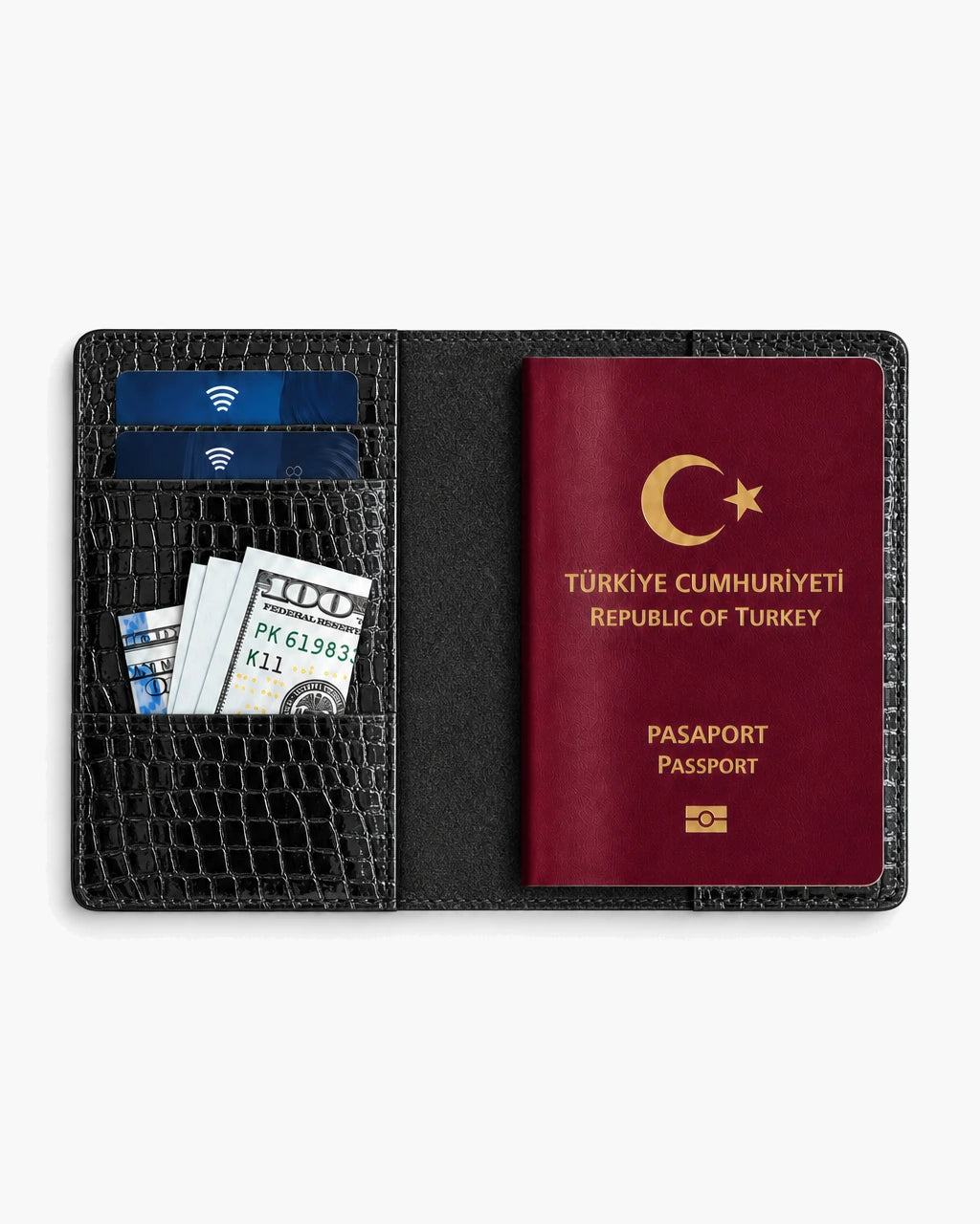 Siyah Rugan Küçük Croco deri pasaport kılıfı - görsel 4