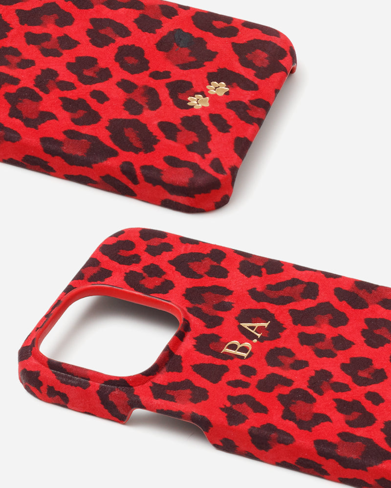 Kırmızı Leopar Desenli Suet Deri iPhone Kılıfı