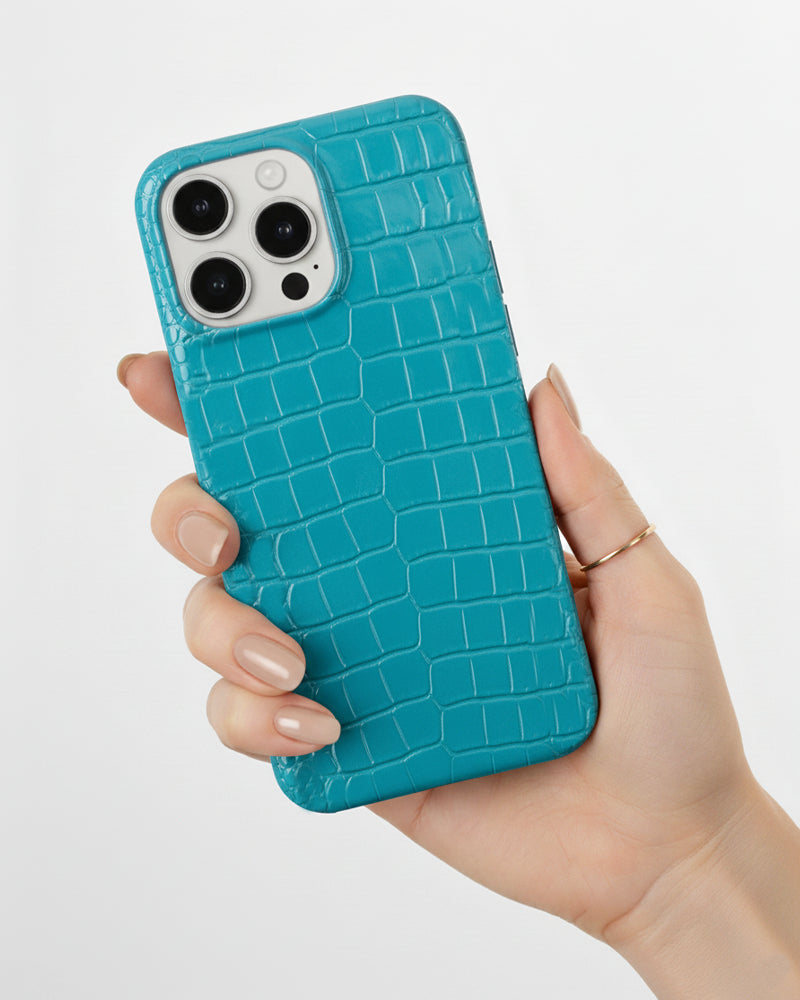 Croco Turkuaz Parlak Deri iPhone Kılıfı