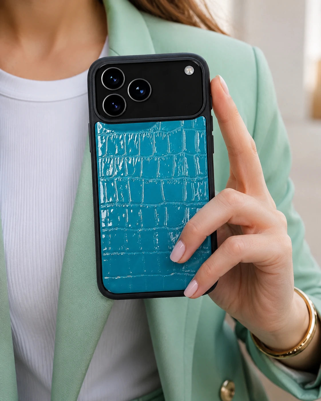 Deri iPhone Kılıfı | Turkuaz Rugan Croco | Havuz