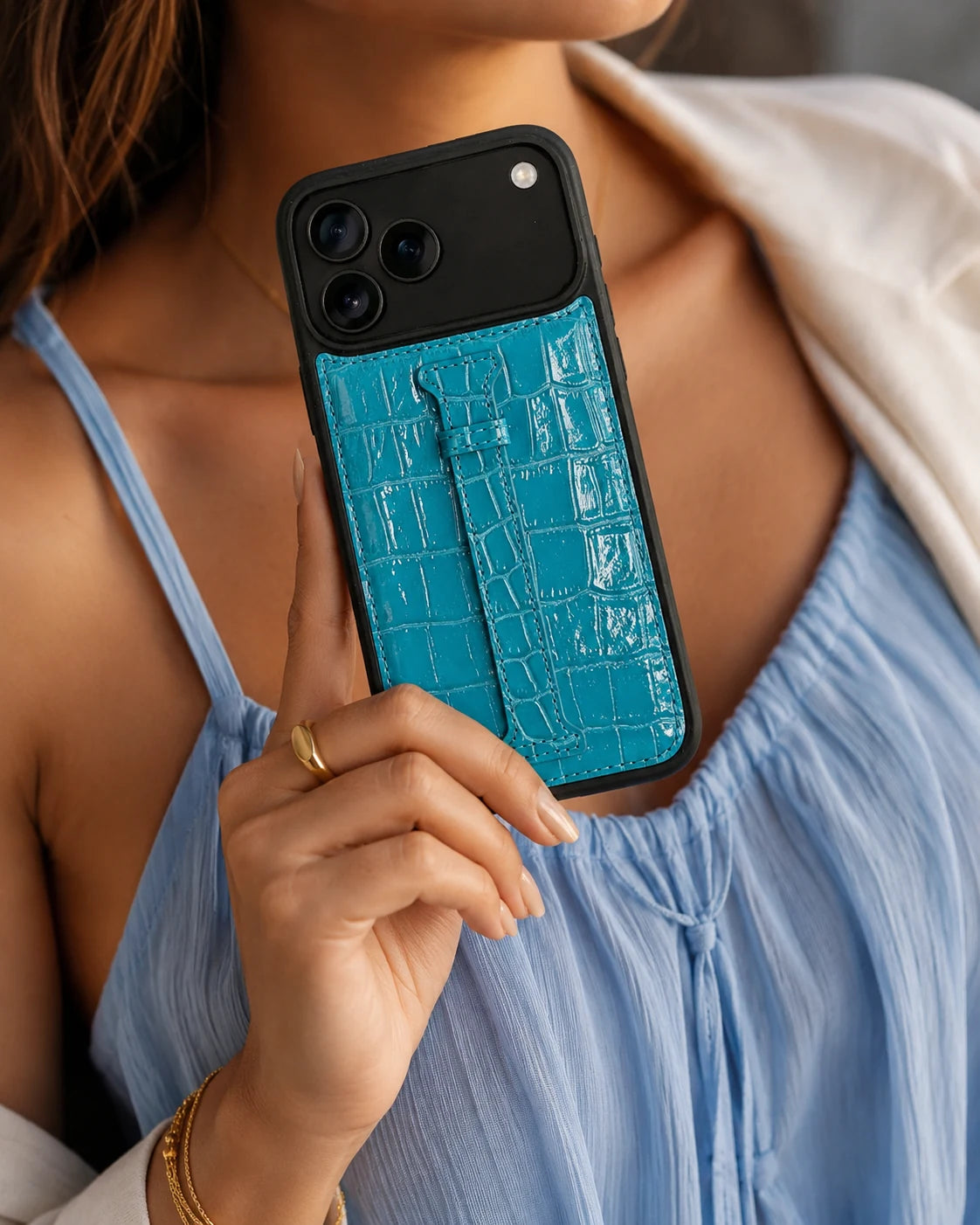 Kemerli iPhone Kılıfı | Turkuaz Rugan Croco