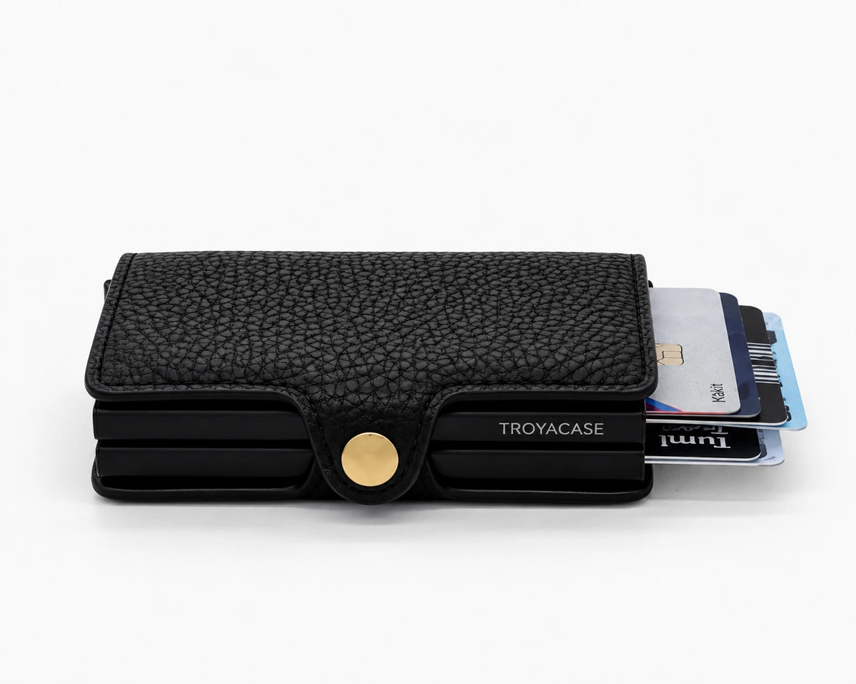 Troya Smart Twin – Çift Mekanizmalı Deri Cüzdan | Siyah Togo