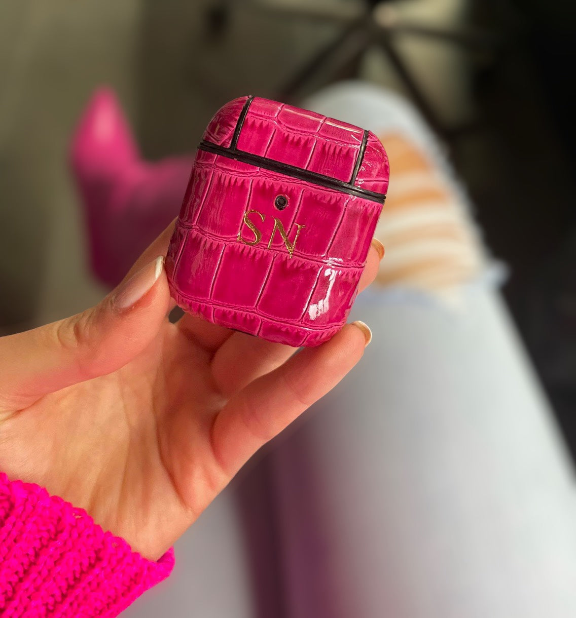 Deri Airpods Pro Kılıfı - Fuşya Croco