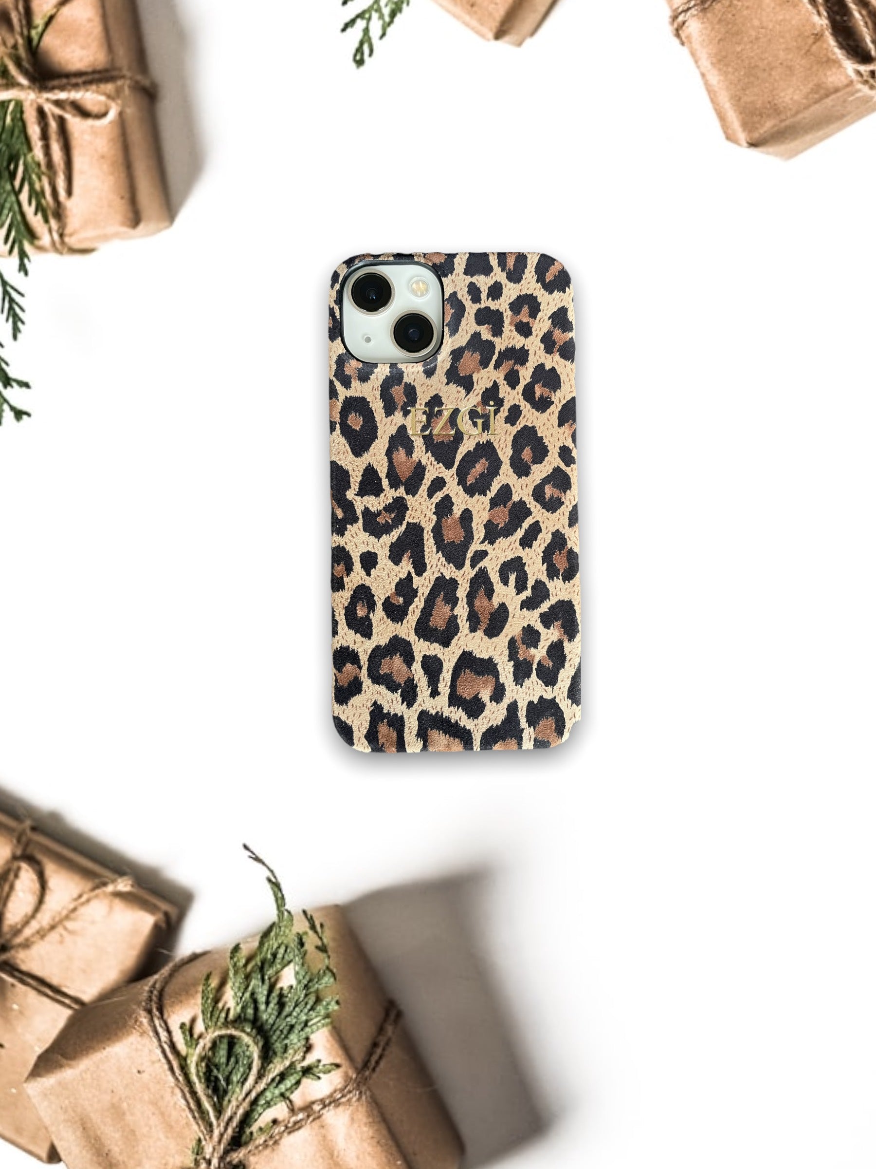 Açık Bej Tabanlı Leopar Desenli Deri iPhone Kılıf