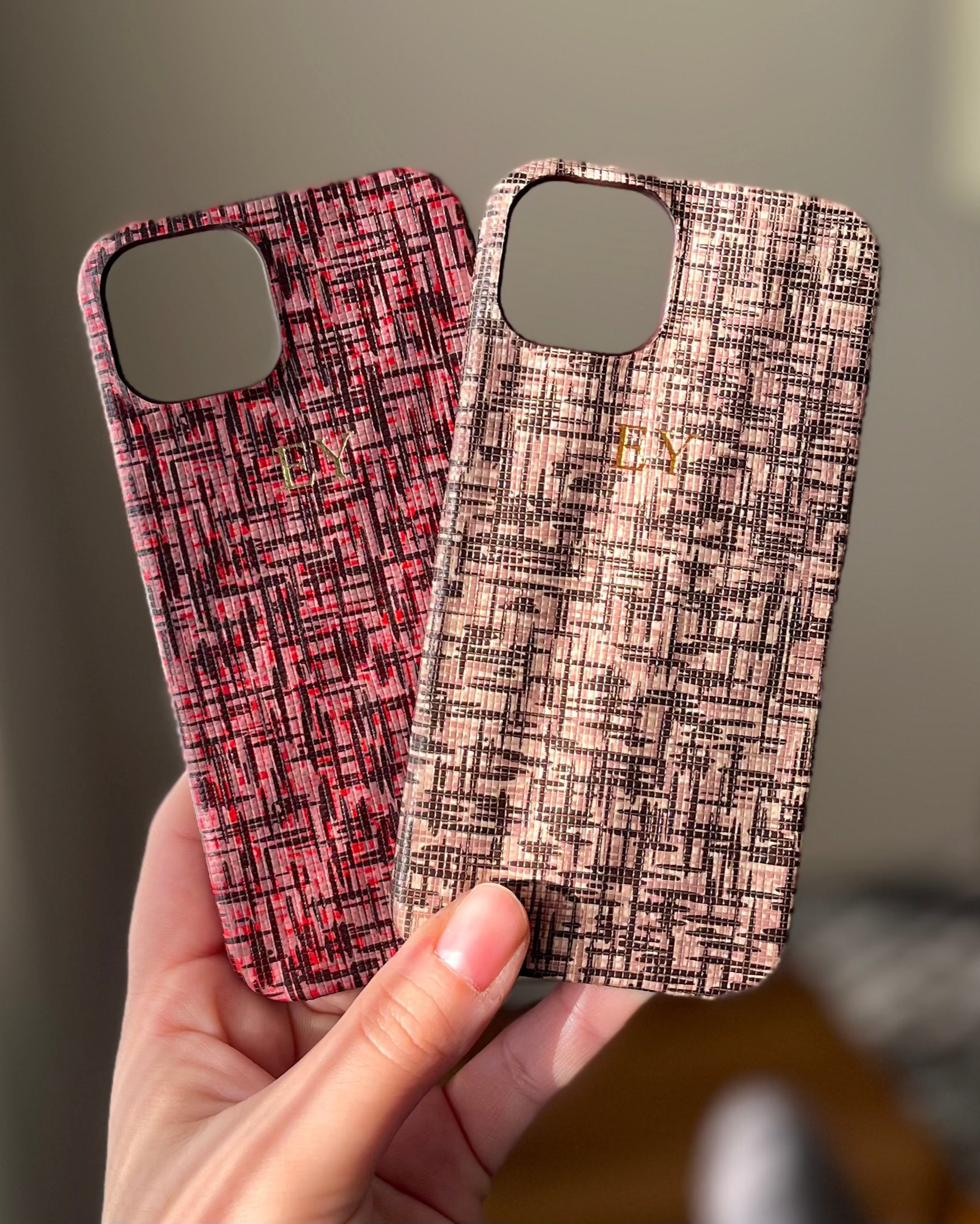 Ekose Pembe deri telefon kılıfı